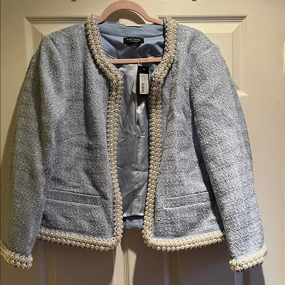 NWT Kate Spade Light Blue Tweed Blazer with Pearl Detailing
